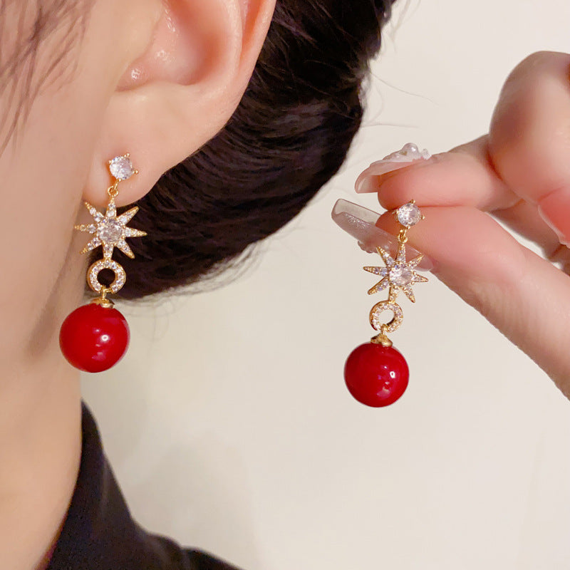 14K Gold-Plated Eight-Point Star Red Pearl Earrings - Elegant Design