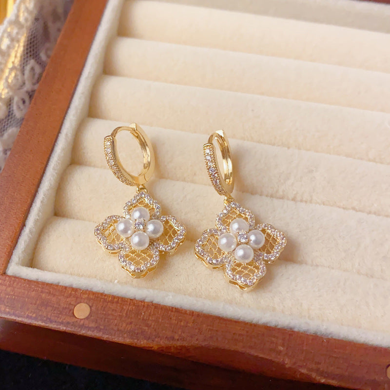 Elegant Zircon Hollow Pearl Petal Earrings – French Floral Design