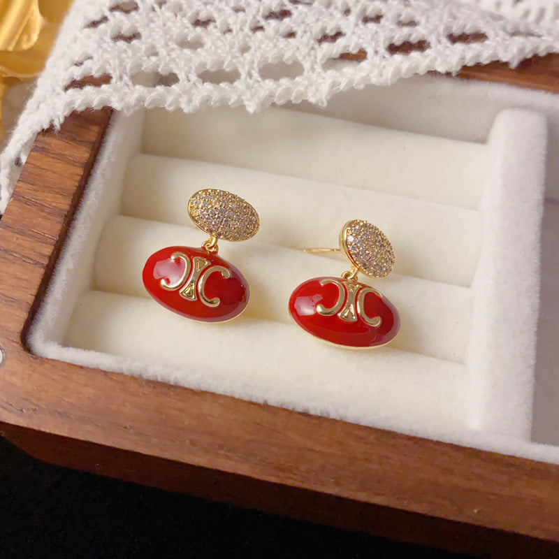 Luxury Red Zircon Arc De Triomphe Oval Drop Earrings – Elegant Design