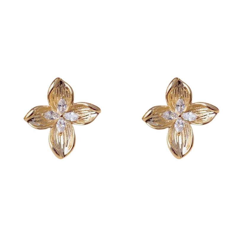 Elegant Zircon 3D Metal Petal Stud Earrings – Floral Design