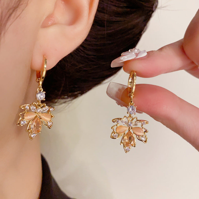 14K Gold-Plated Maple Leaf Tassel Earrings - French Retro Style