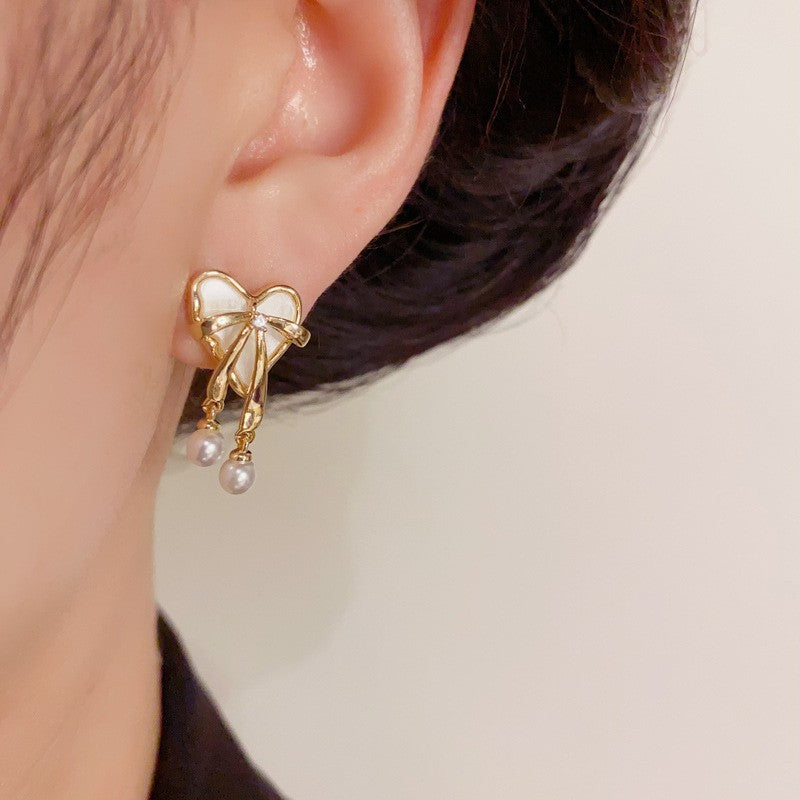 Elegant Heart Bow Pearl Tassel Drop Earrings – Romantic Design