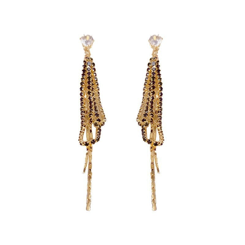 14K Gold-Plated Long Zircon Tassel Earrings - Geometric Elegance