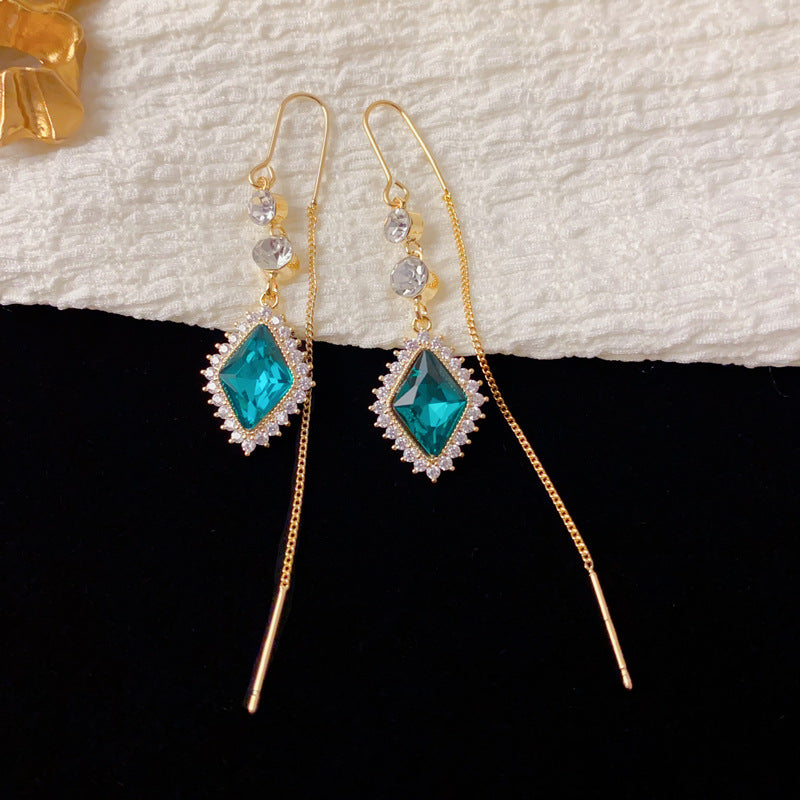 Luxury Full-Zircon Rhombus Tassel Threader Earrings – Elegant Design