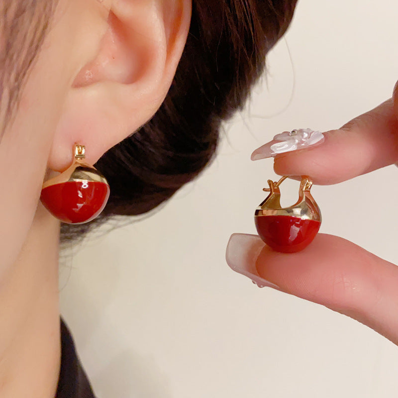 14K Gold-Plated Red Enamel Round Earrings - Chic Minimalist Design