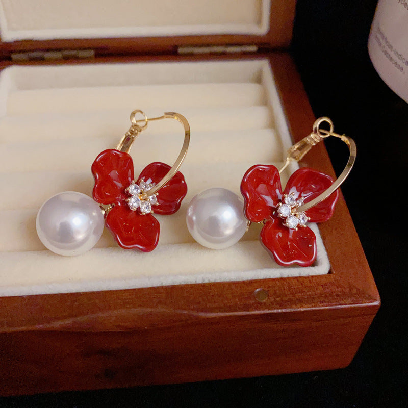 14K Gold-Plated Red Flower Pearl Earrings - Vintage Statement Design