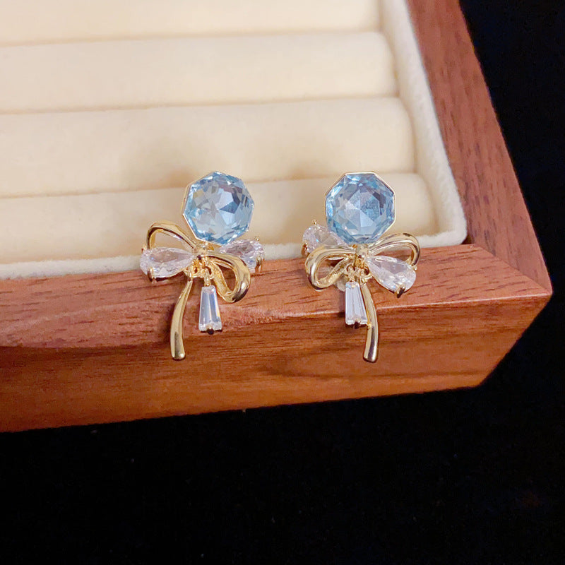 Elegant Crystal Zircon Butterfly Bow Earrings – French Retro Design