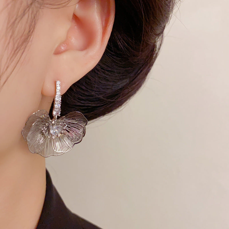 Luxury Zircon Metal Petal Drop Earrings – Bold Floral Design