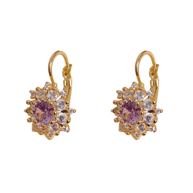 Elegant Zircon Purple Petal Hoop Earrings – Minimalist Floral Design