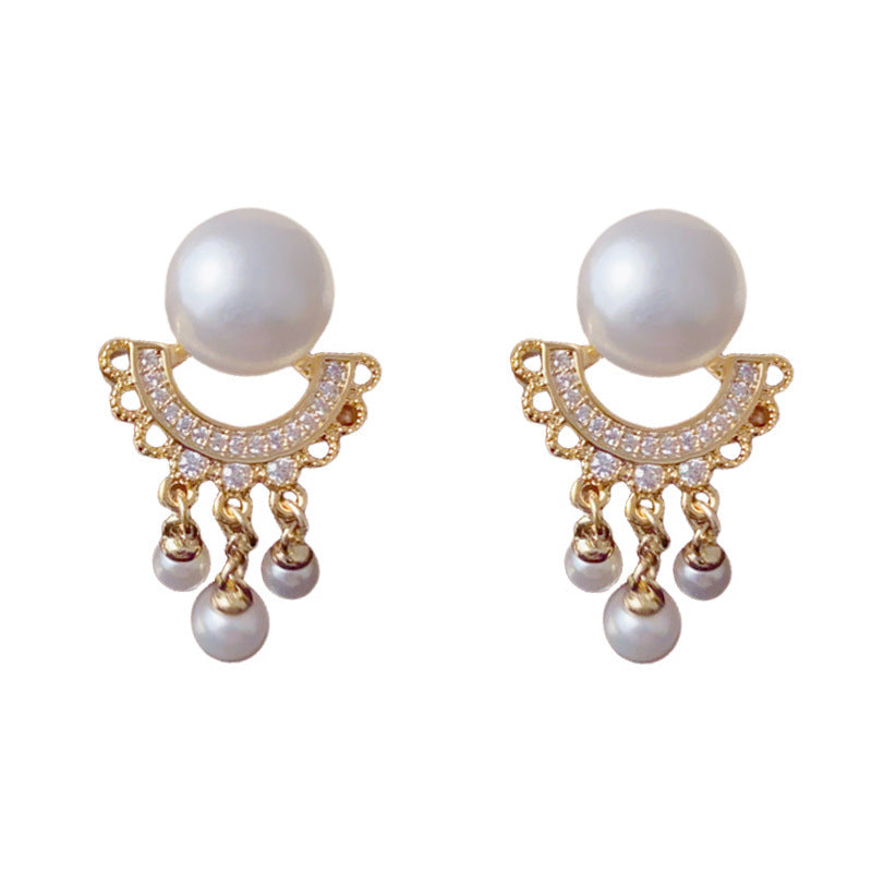 Elegant Zircon Pearl Fan Tassel Drop Earrings – Long Fringe Design