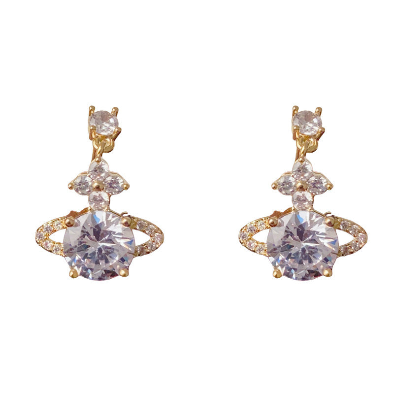 Luxury Zircon Saturn Planet Drop Earrings – Elegant Cosmic Design