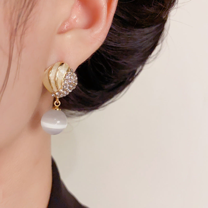 Luxury Zircon & Cat Eye Geometric Drop Gold Earrings – Elegant Design