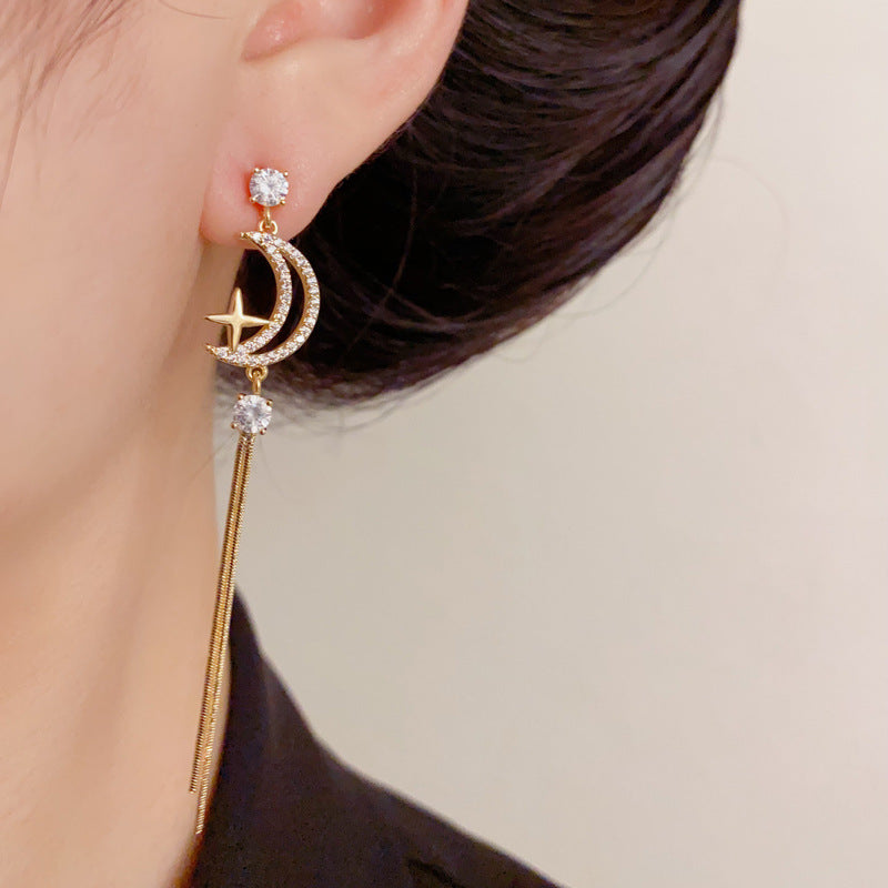 Luxury Zircon Planet & Moon Asymmetric Drop Earrings – Elegant Design