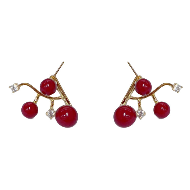 Elegant Red Pearl Zircon Rear-Hang Drop Earrings – Minimalist Design