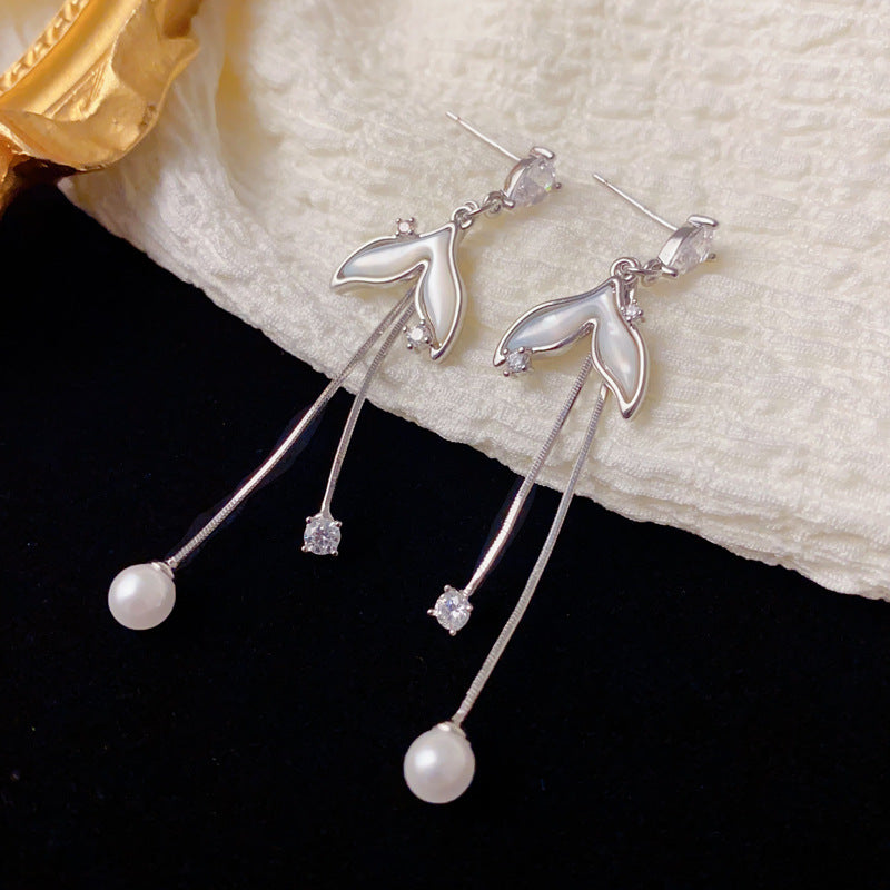 Elegant Pearl Fishtail Long Tassel Earrings – Geometric Design