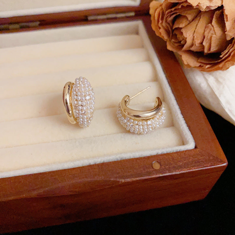 Luxury Zircon & Pearl Double-Layer Stud Earrings – Geometric Design