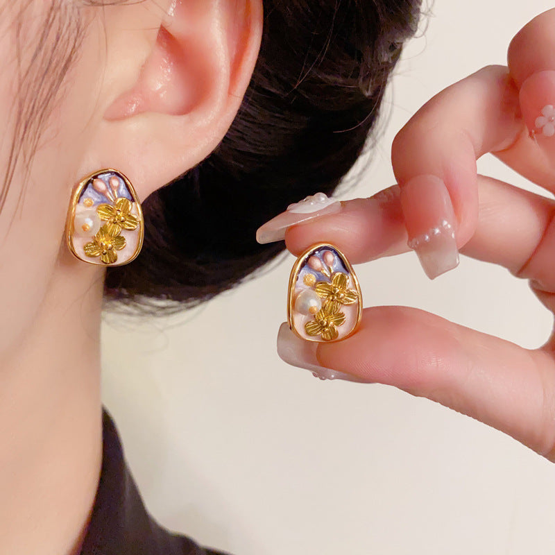 Elegant Colorful Enamel Pearl Petal Stud Earrings –  Floral Design