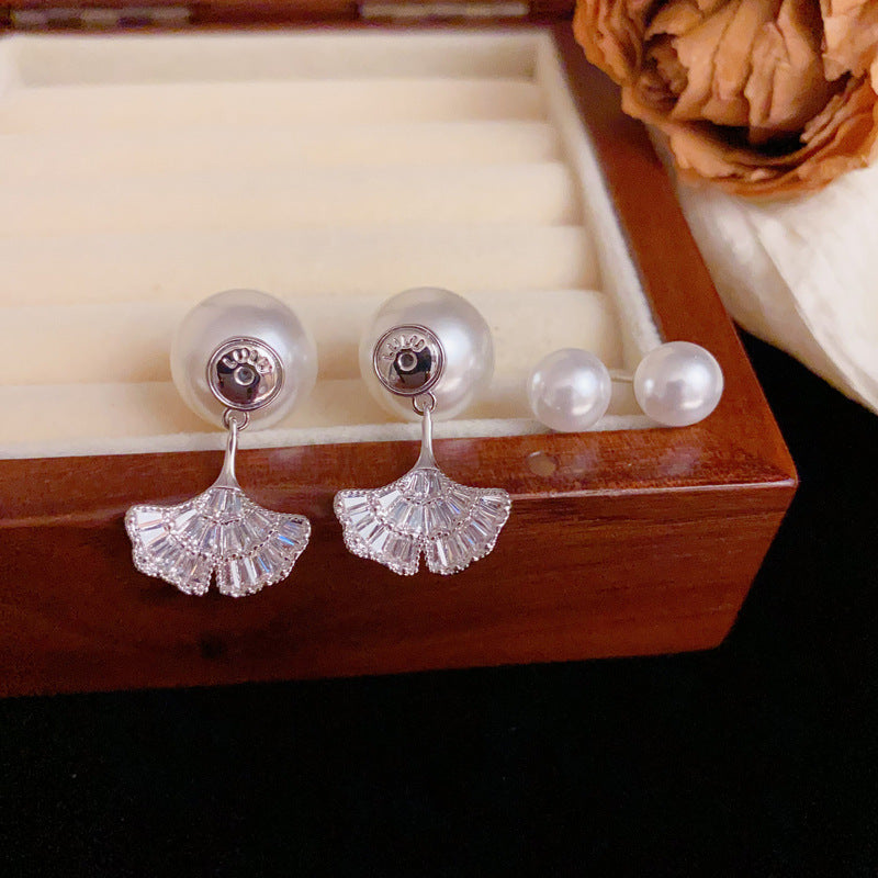 Luxury Pearl & Full-Zircon Leaf Two-Way Drop Earrings – Floral Design