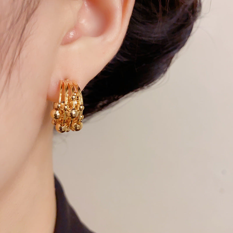 Elegant Metal Beaded C-Hoop Earrings – French Retro Design