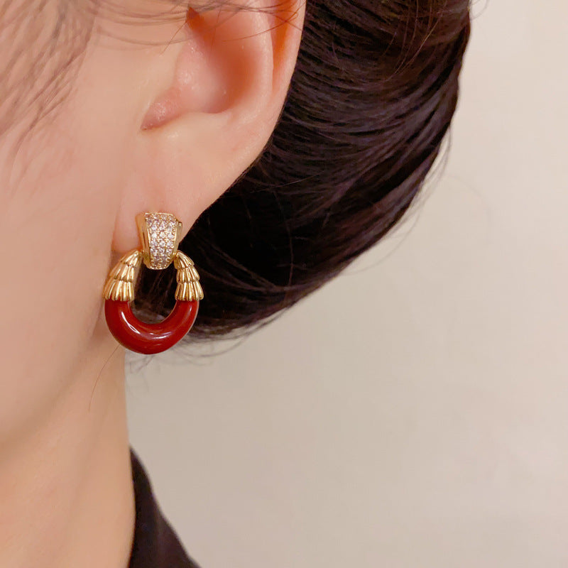 Luxury Zircon Enamel Oval Stud Earrings – Geometric Design