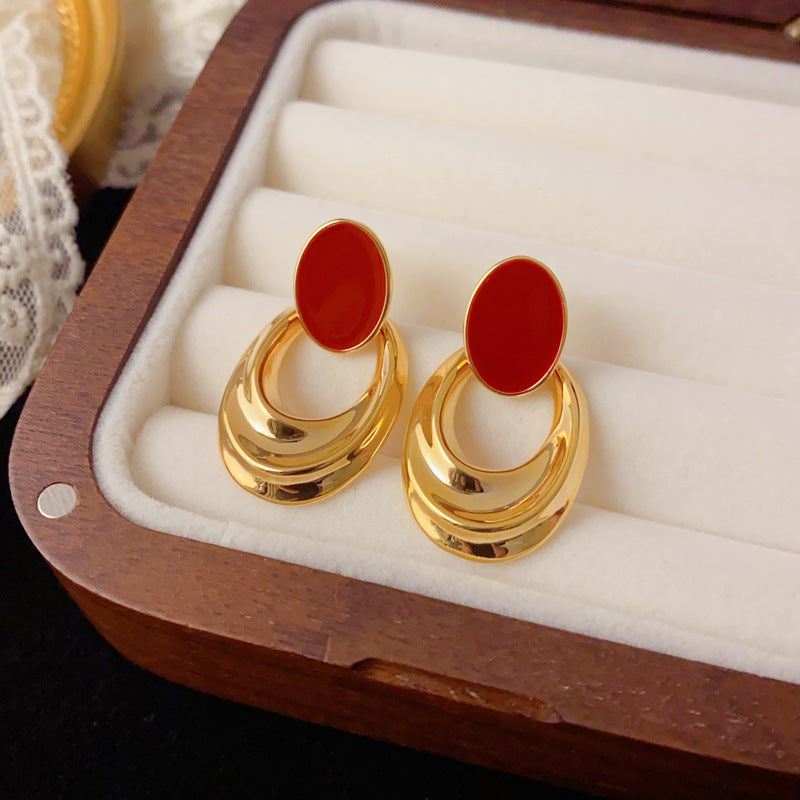 Luxury 18K Red Enamel Oval Drop Earrings – Minimalist Design