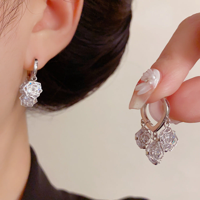 Luxury Full-Zircon Rose Flower Tassel Earrings – Elegant Design