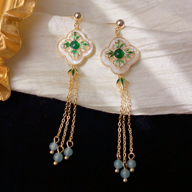 Luxury Emerald Bamboo Four-Leaf Flower Tassel Earrings – Floral Design