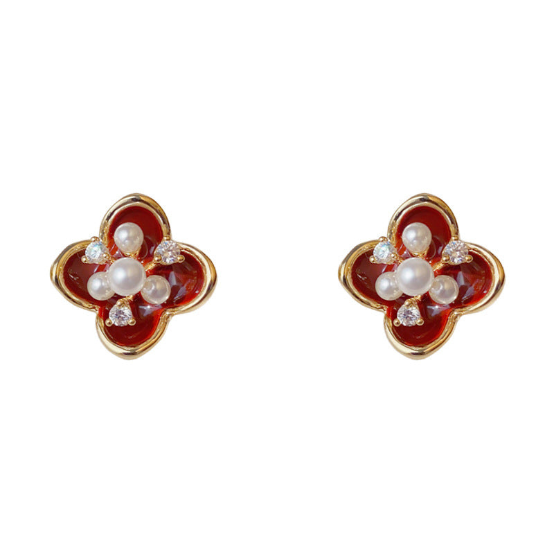 Elegant Red Enamel Pearl Petal Stud Earrings – Floral Design