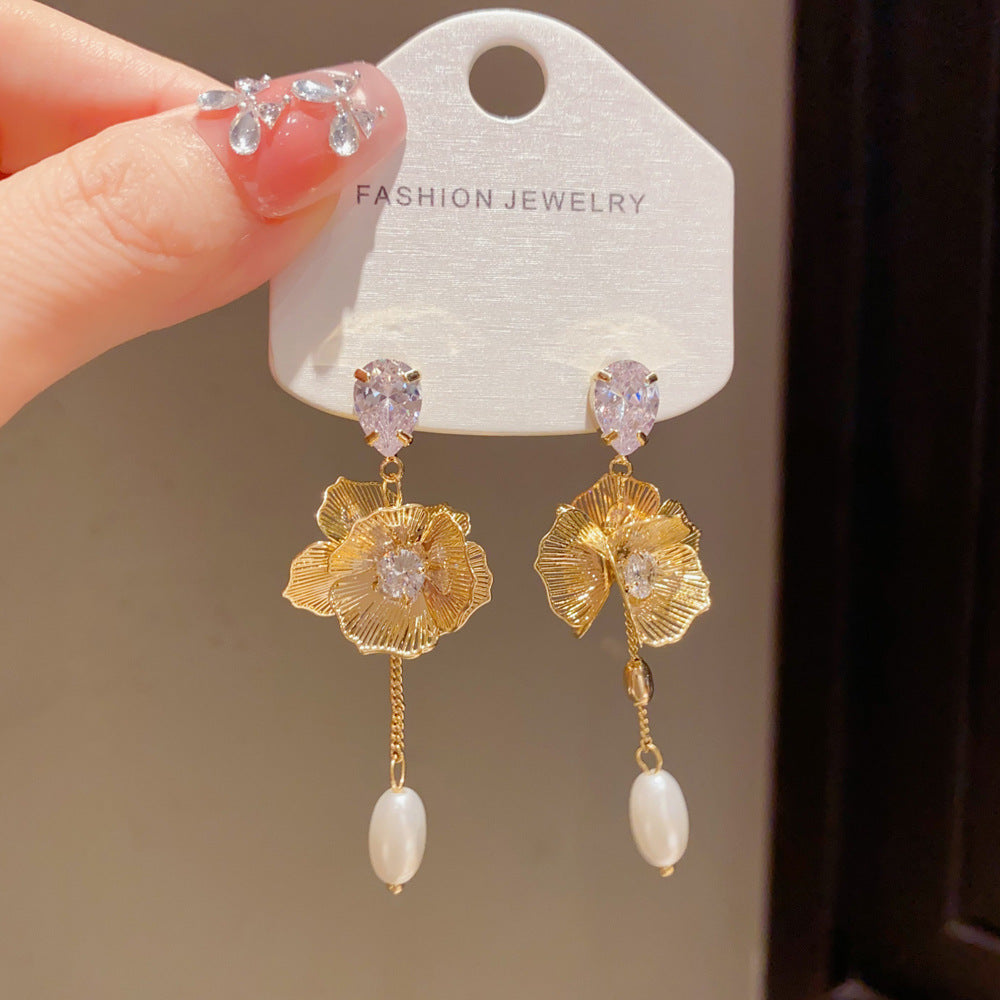 Eaioncol Floral Pearl Tassel Earrings 14K Gold & Silver Plated