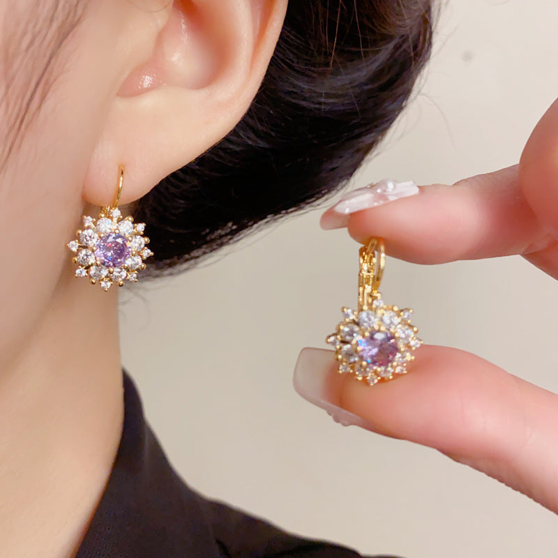 Elegant Zircon Purple Petal Hoop Earrings – Minimalist Floral Design