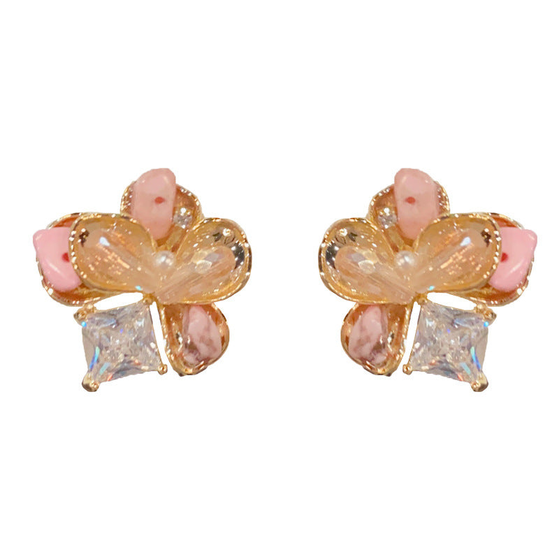 Eaioncol Floral Crushed Crystal Petal Stud Earrings Gold