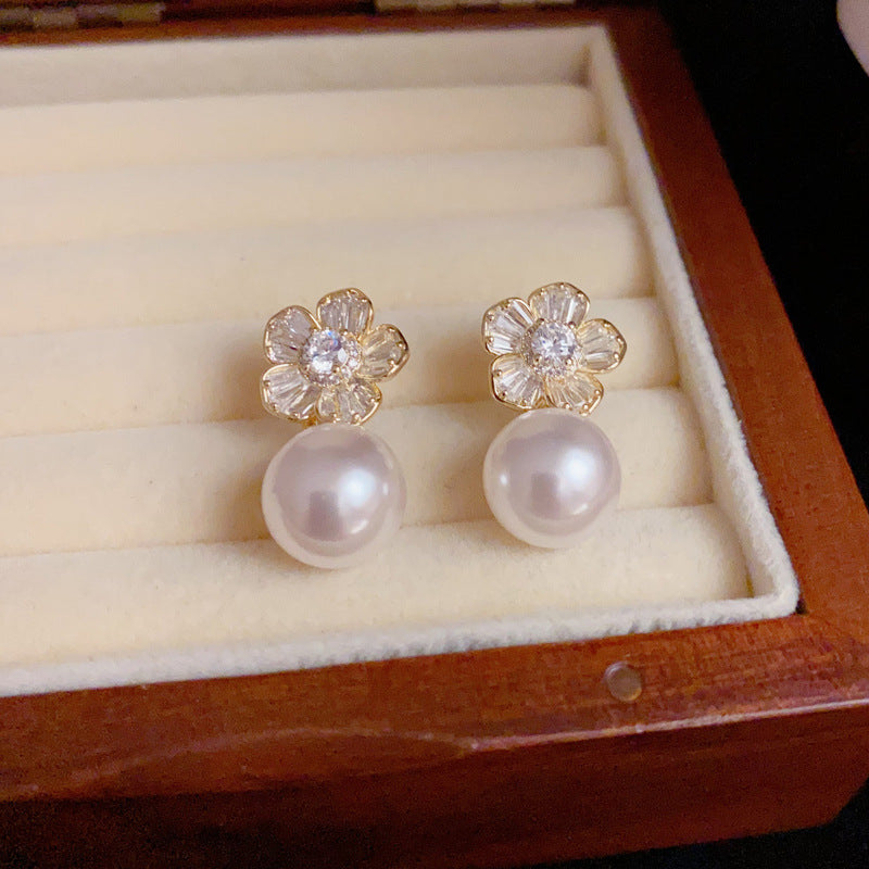 14K Gold Luxury Zircon Flower & Pearl Drop Earrings – Elegant Design