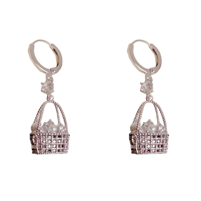 Luxury Woven Basket Zircon & Pearl Drop Earrings – Elegant Design