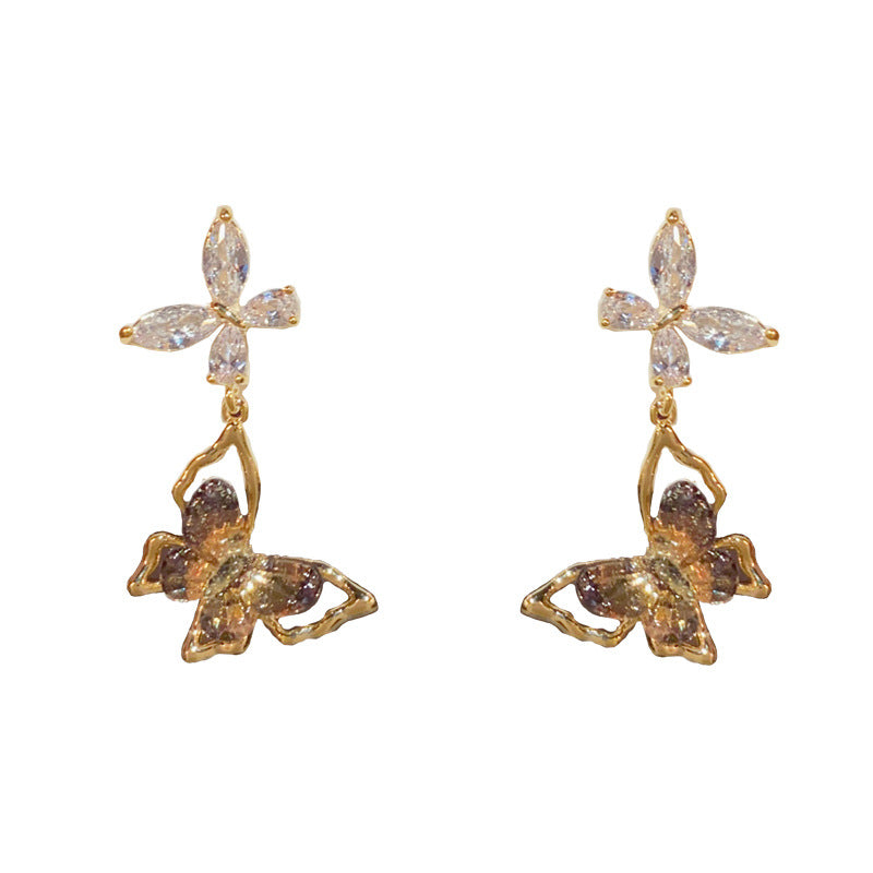 14K Gold-Plated Diamond Butterfly Drop Earrings-Chic Minimalist Design