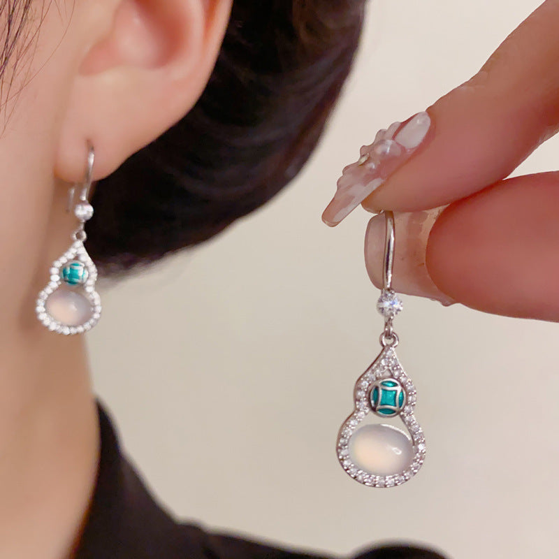 Elegant Full-Zircon Gourd Tassel Drop Earrings – Auspicious Design