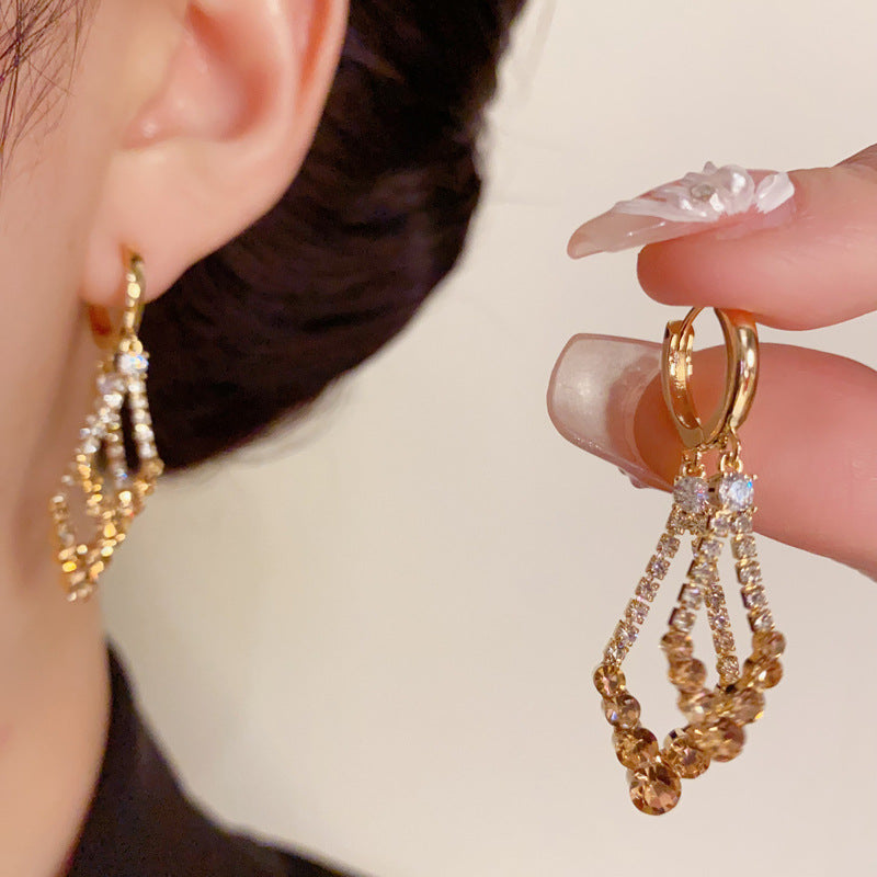 14K Gold-Plated Double-Layer Brown Zircon Hoop Earrings-Elegant Design