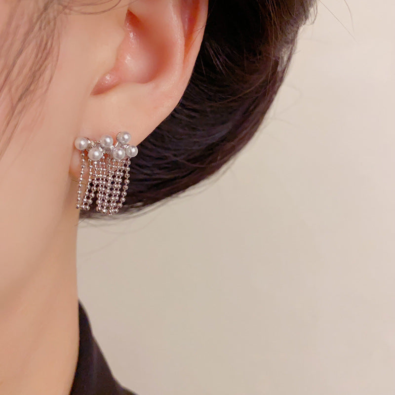 Elegant Pearl Chain Tassel Drop Earrings – Gentle Long Fringe Design