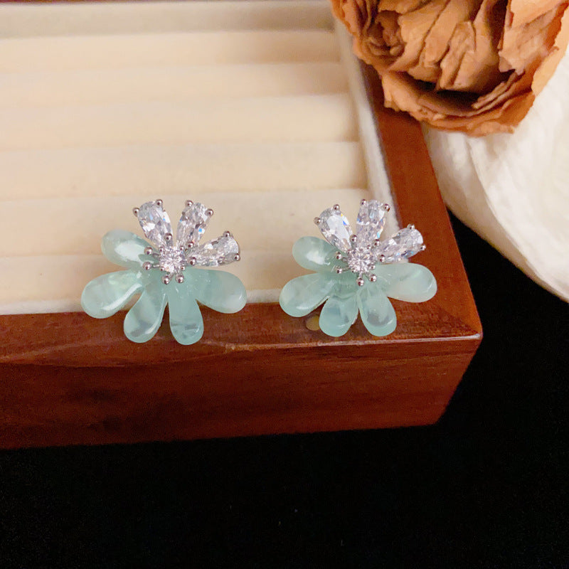 Luxury Zircon Green Petal Stud Sliver Earrings – Elegant Flower Design