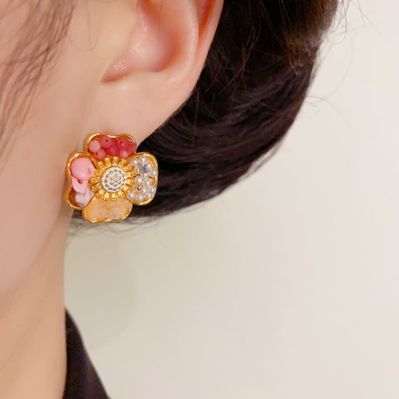 14K Gold Handmade Colorful Four-Leaf Flower Earrings – Elegant Design