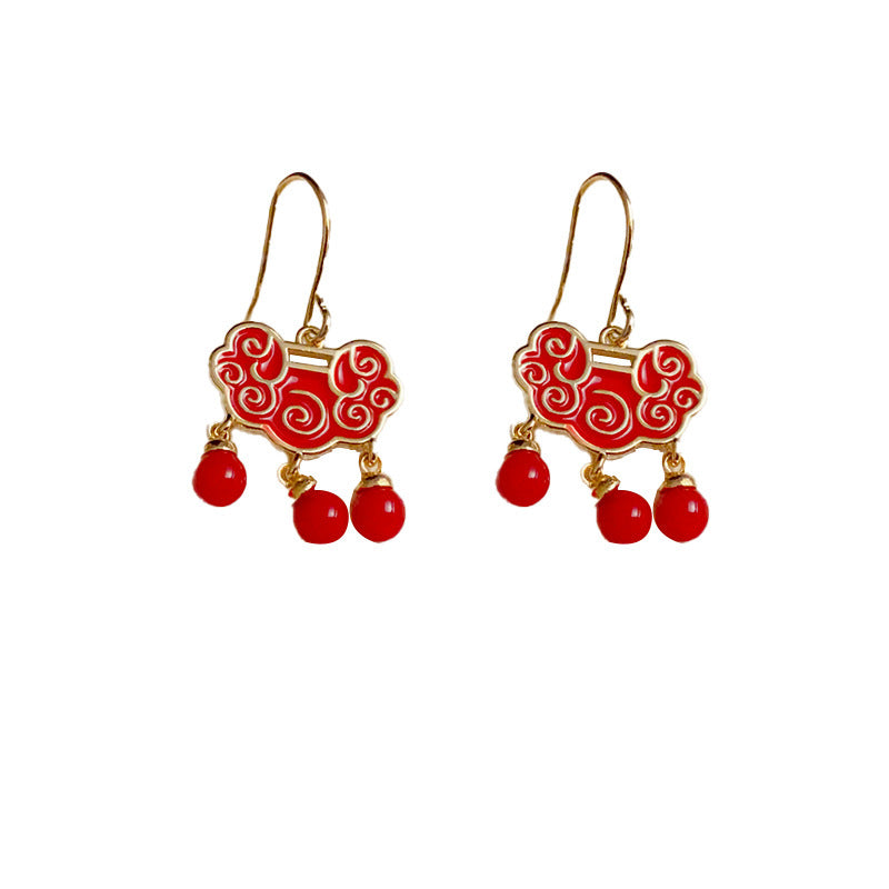 14K Gold-Plated Red Peace Lock Tassel Earrings - Festive Design