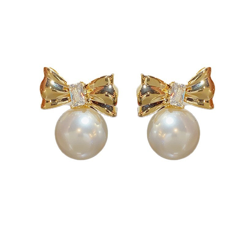 14K Gold-Plated Metal Bowknot Pearl Stud Earrings - Elegant Design