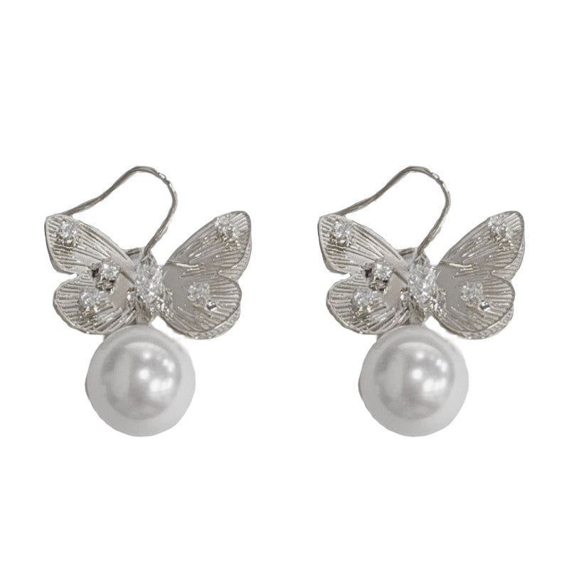 Gold Butterfly Pearl Ear Hooks – Dainty Work Earrings
