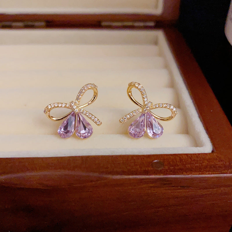 14K Gold-Plated Zircon Butterfly Knot Stud Earrings-Minimalist Design