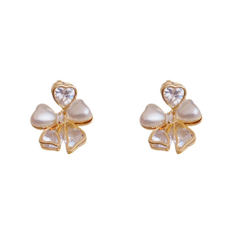 Luxury Zircon & Pearl Bow Stud Gold Earrings – Elegant Deisgn