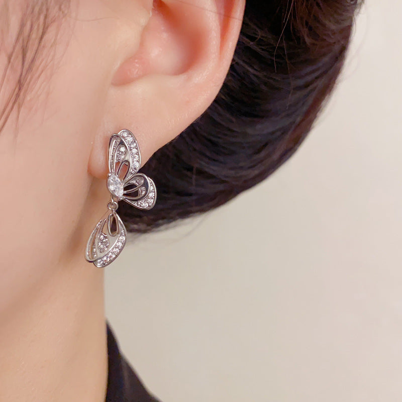 Elegant Full-Zircon Hollow Butterfly Drop Earrings – Minimalist Design