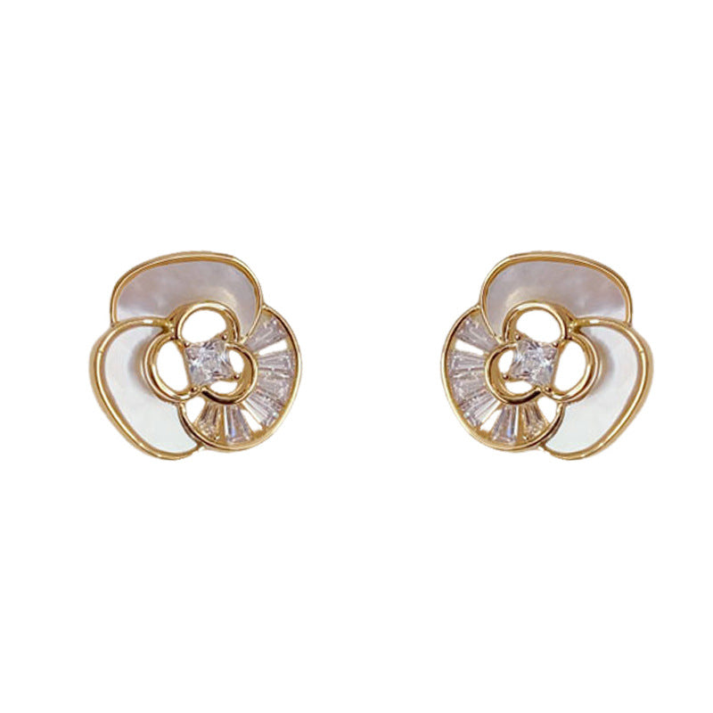 Elegant Shell Camellia Stud Earrings – Refined Floral Design
