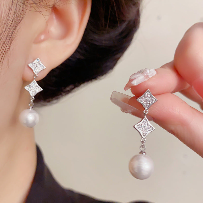 Elegant Zircon Flower Tassel Pearl Drop Earrings – French Design