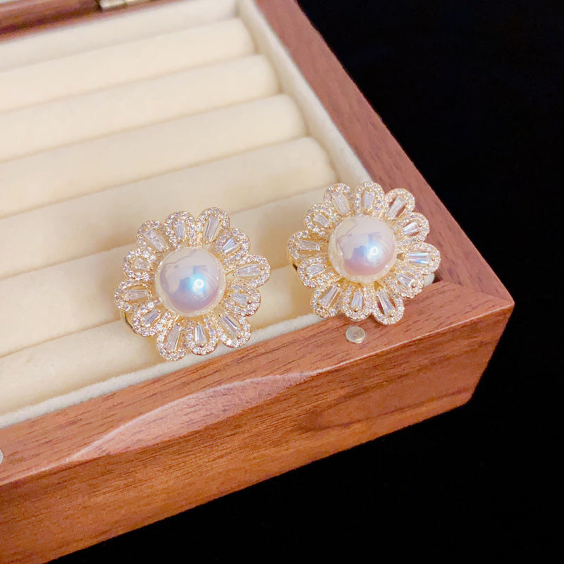 Gold Pavé Petal Pearl Earrings – 925 Silver Post for Sensitive Ears