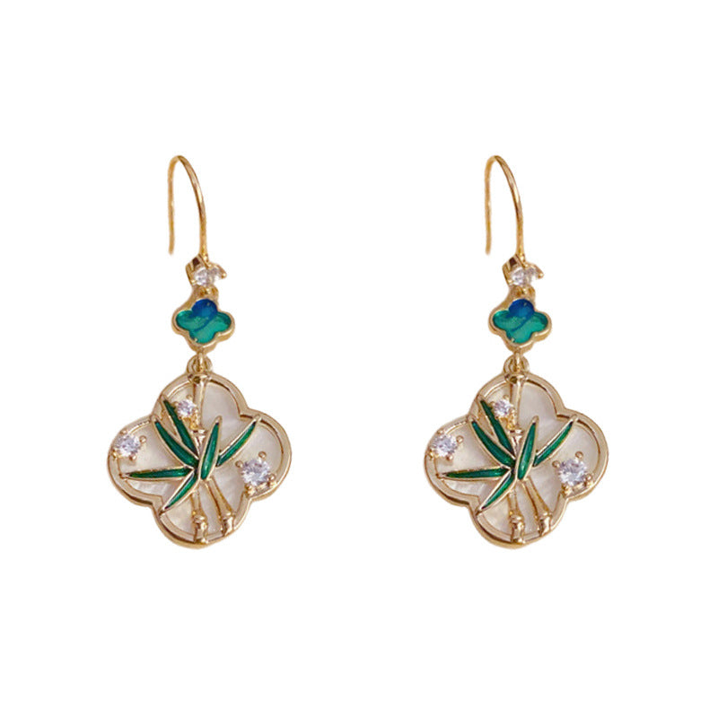 Luxury Bamboo Leaf Four-Leaf Flower Ear Hook Earrings – Elegant Design