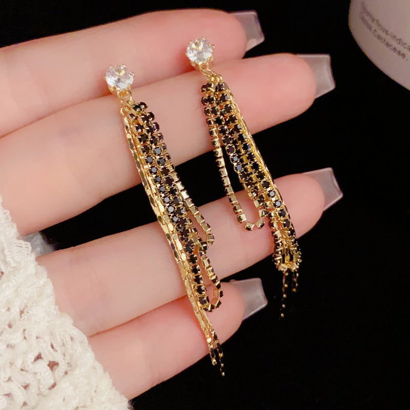 14K Gold-Plated Long Zircon Tassel Earrings - Geometric Elegance